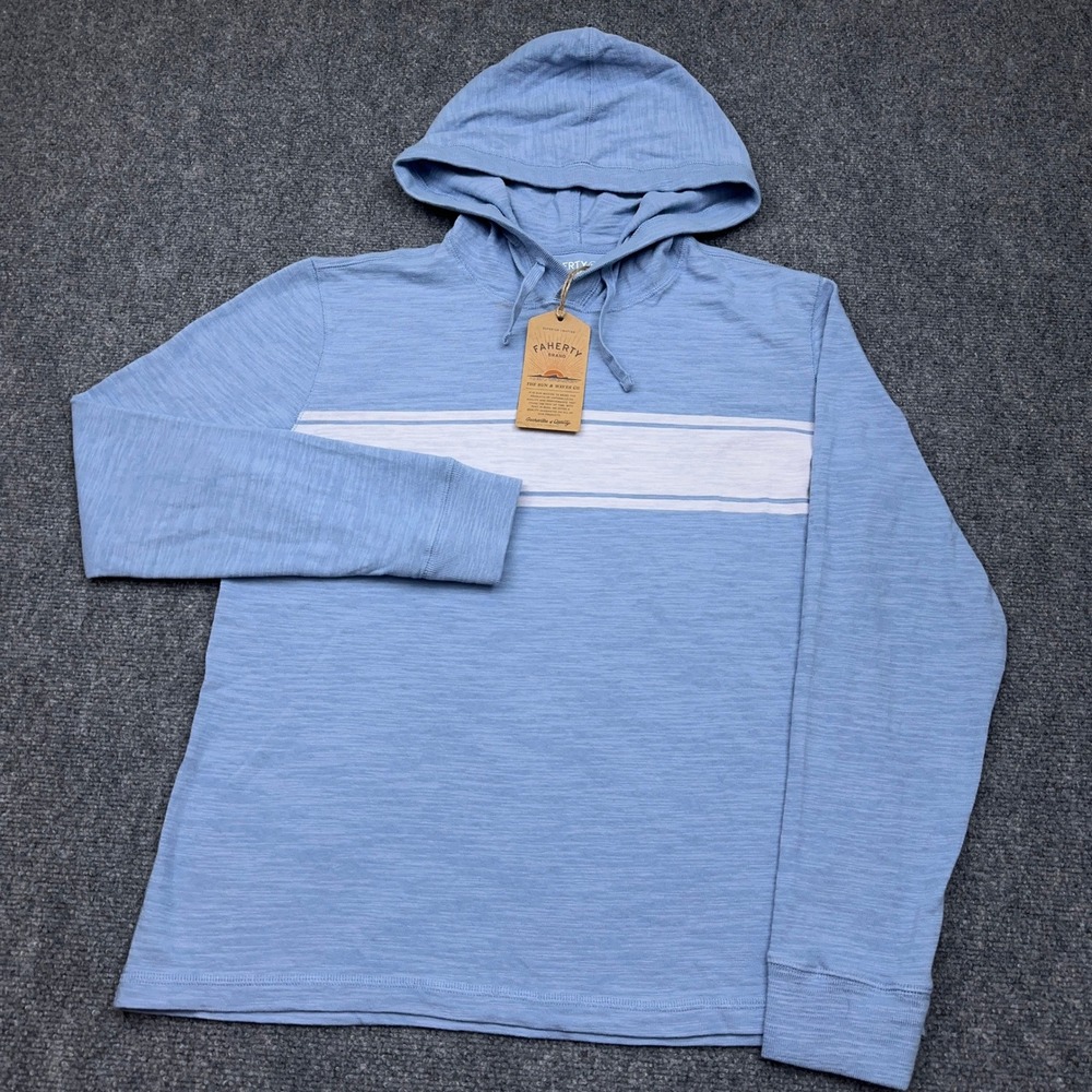 NEW Faherty Sunwashed Slub Hoodie Men's M Blue Isle Surf Stripe Organic Cotton